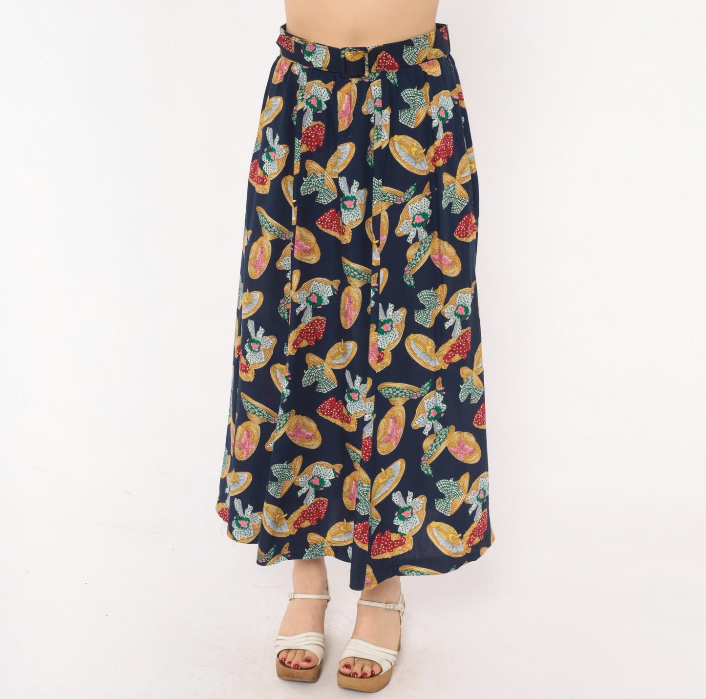 90s Susan Bristol Midi Skirt Straw Hat Print Navy Yellow Green Medium M