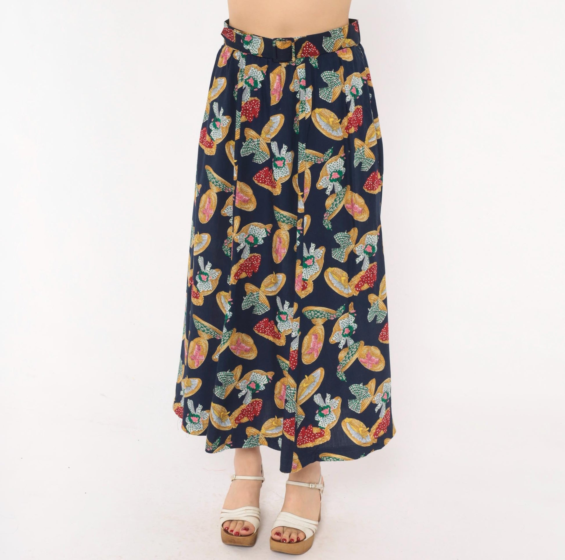 90s Susan Bristol Midi Skirt Straw Hat Print Navy Yellow Green Medium M