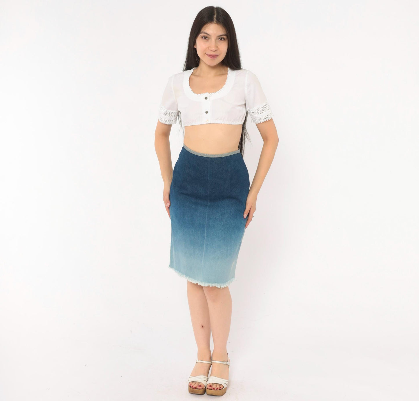 Y2K R4Я Rave 4 Real Ombre Denim Pencil Skirt Sky Blue Extra Small XS