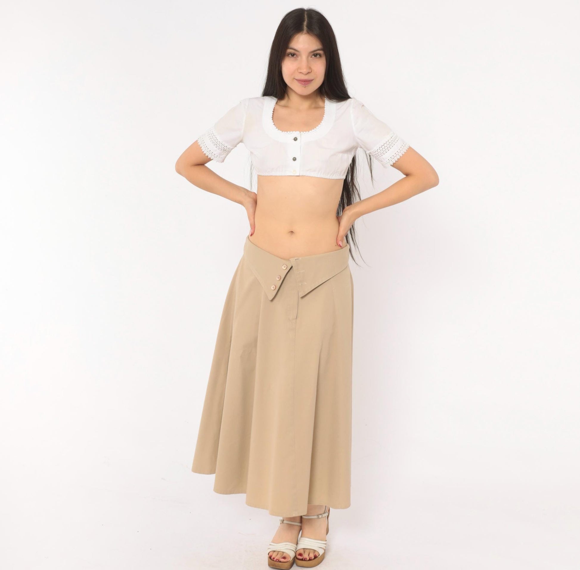 90s Tan A-Line Midi Skirt Fold-Over Waistband Button Front Medium