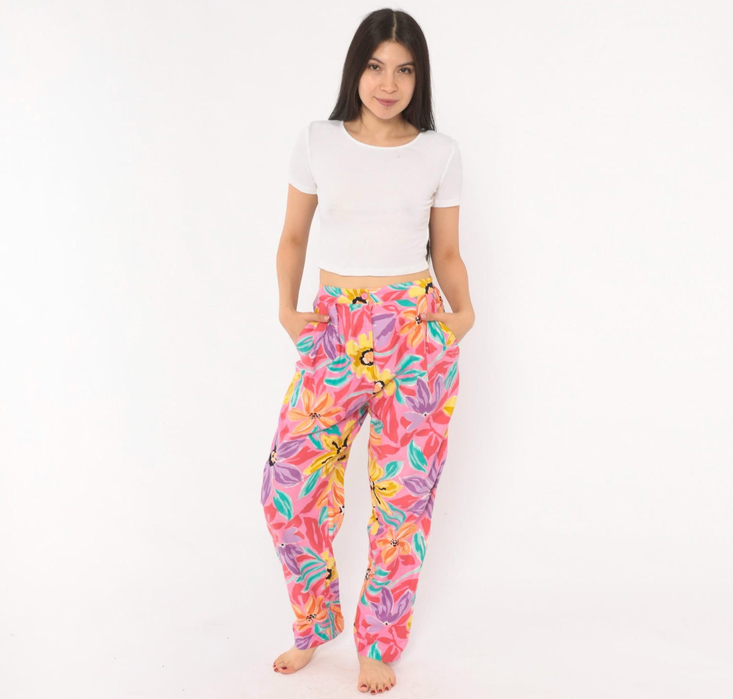 90s Charles Glueck Tropical Floral Tapered Pants Pink Purple High Waist Small