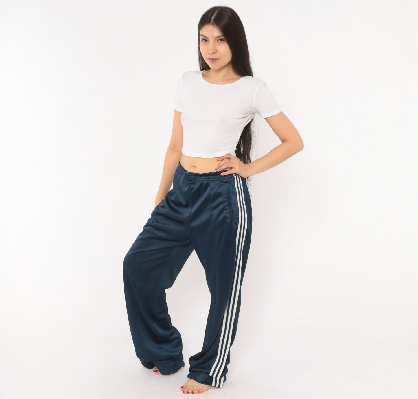 80s Adidas Navy Track Pants White Three Stripe Straight Leg Large L