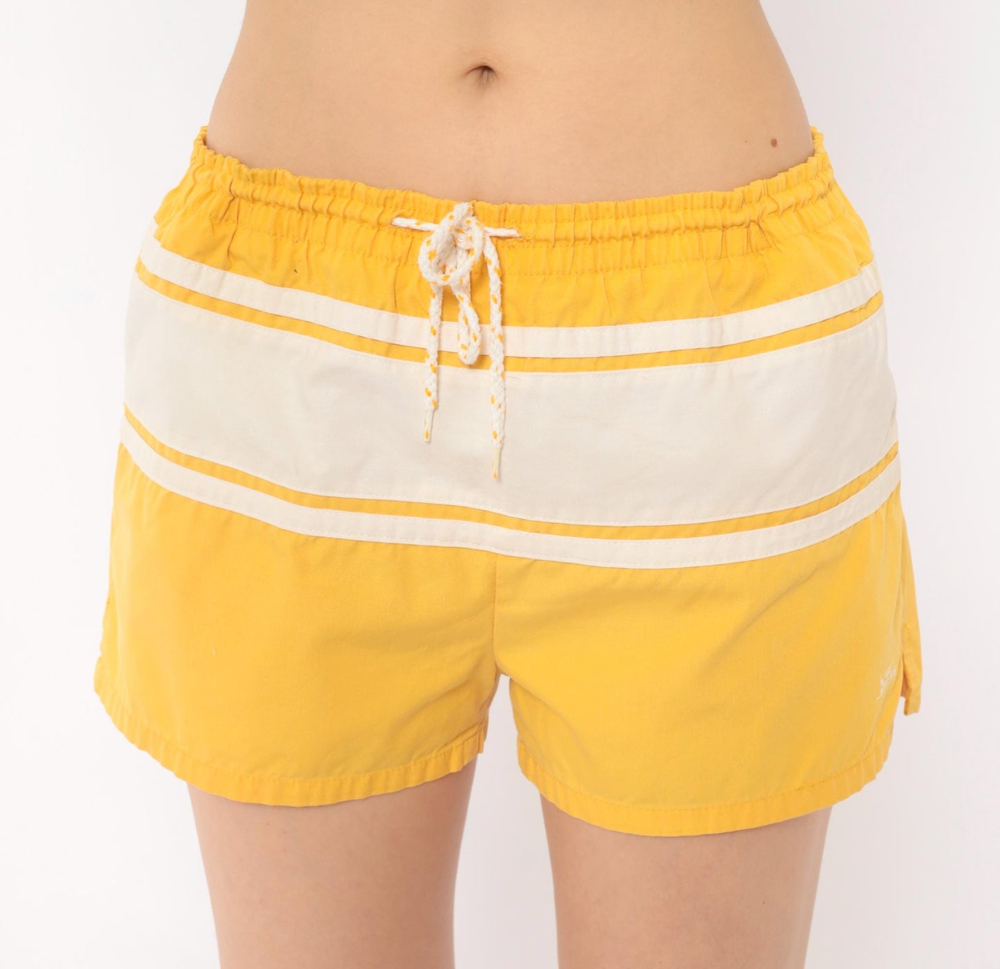 80s Run Ins Yellow Striped Swim Shorts White Band Medium