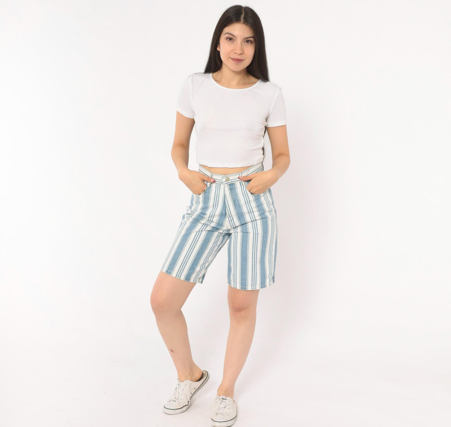 90s Mixed Blues Striped Denim Shorts High Waist Bermuda Blue White Cotton XS