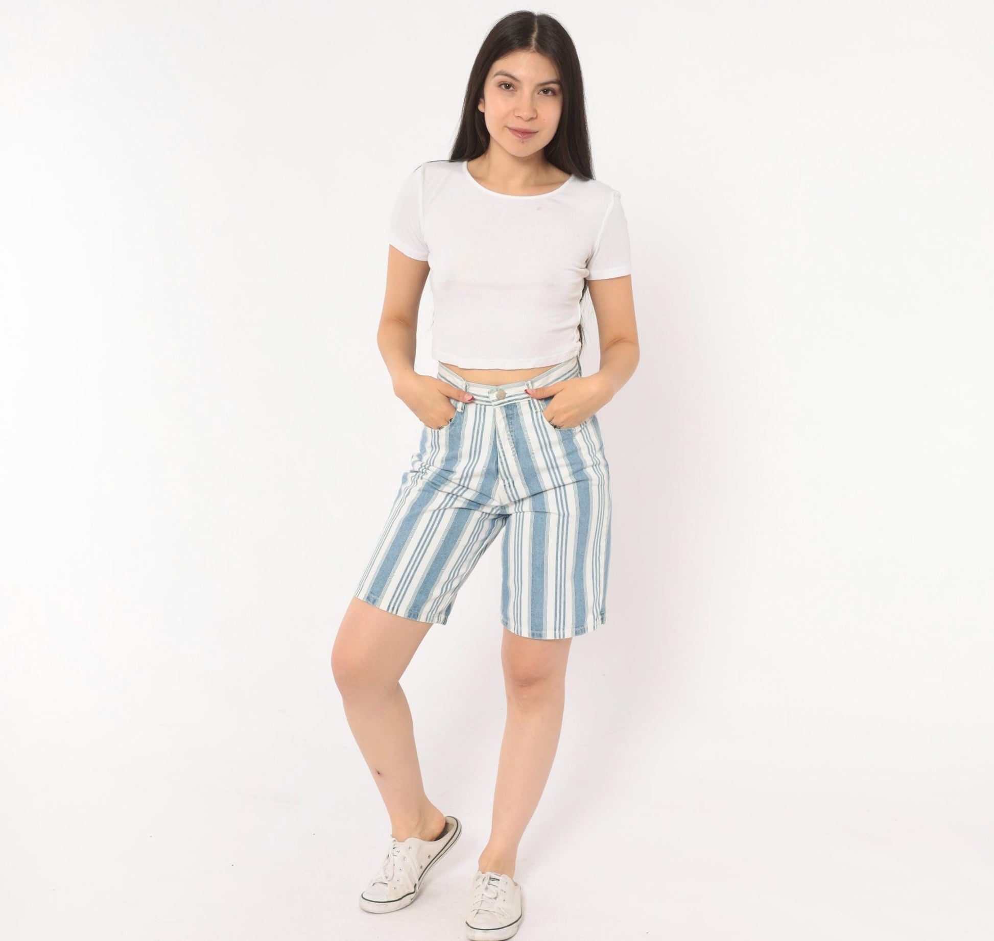 90s Mixed Blues Striped Denim Shorts High Waist Bermuda Blue White Cotton XS