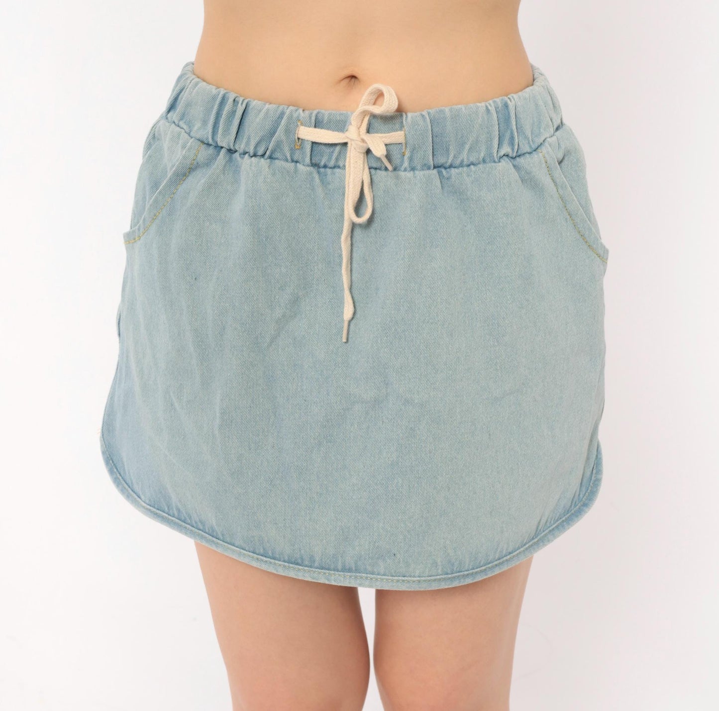 80s Light Wash Denim Mini Skirt Elastic Waist Curved Hem Small S