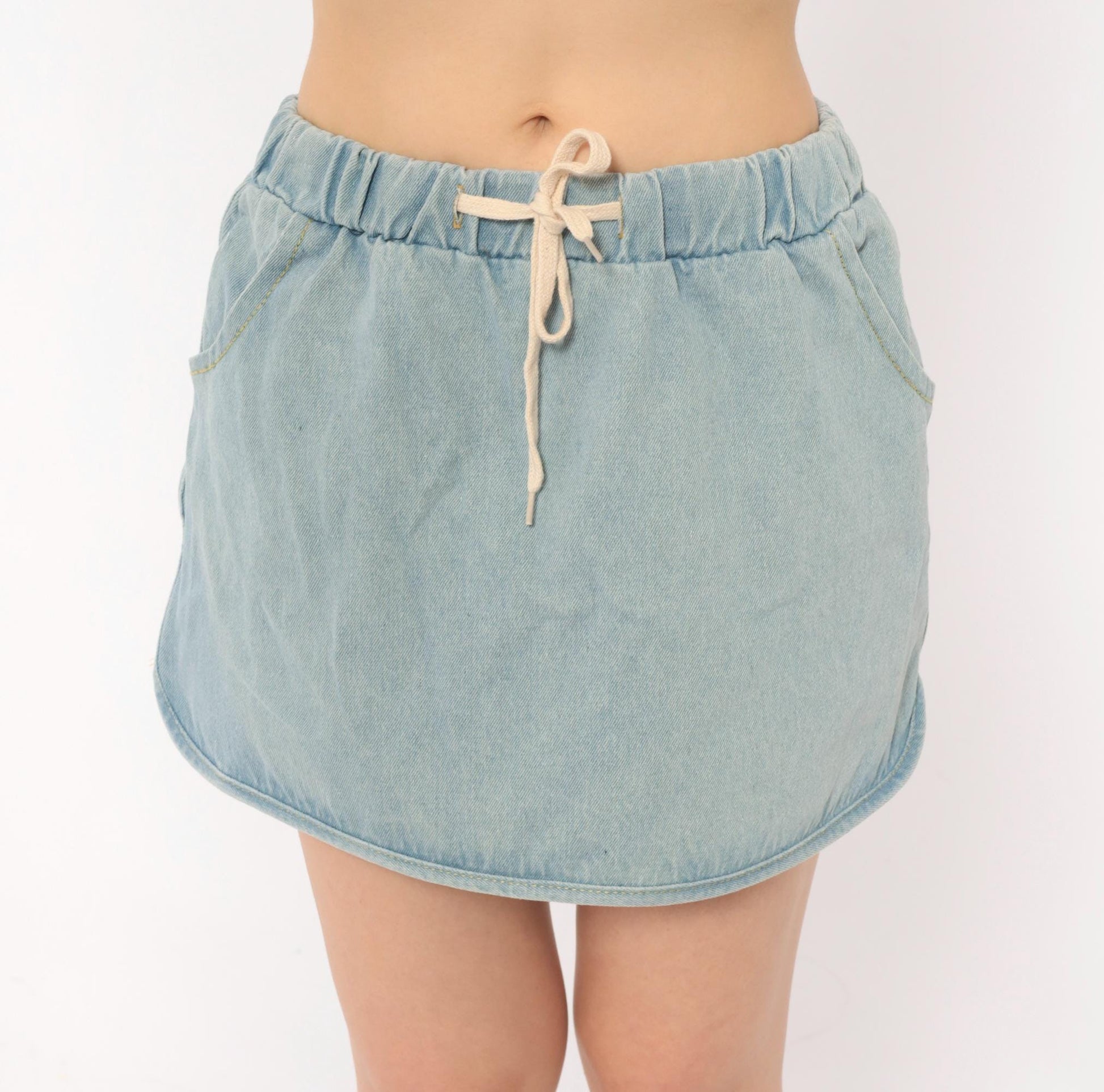 80s Light Wash Denim Mini Skirt Elastic Waist Curved Hem Small S