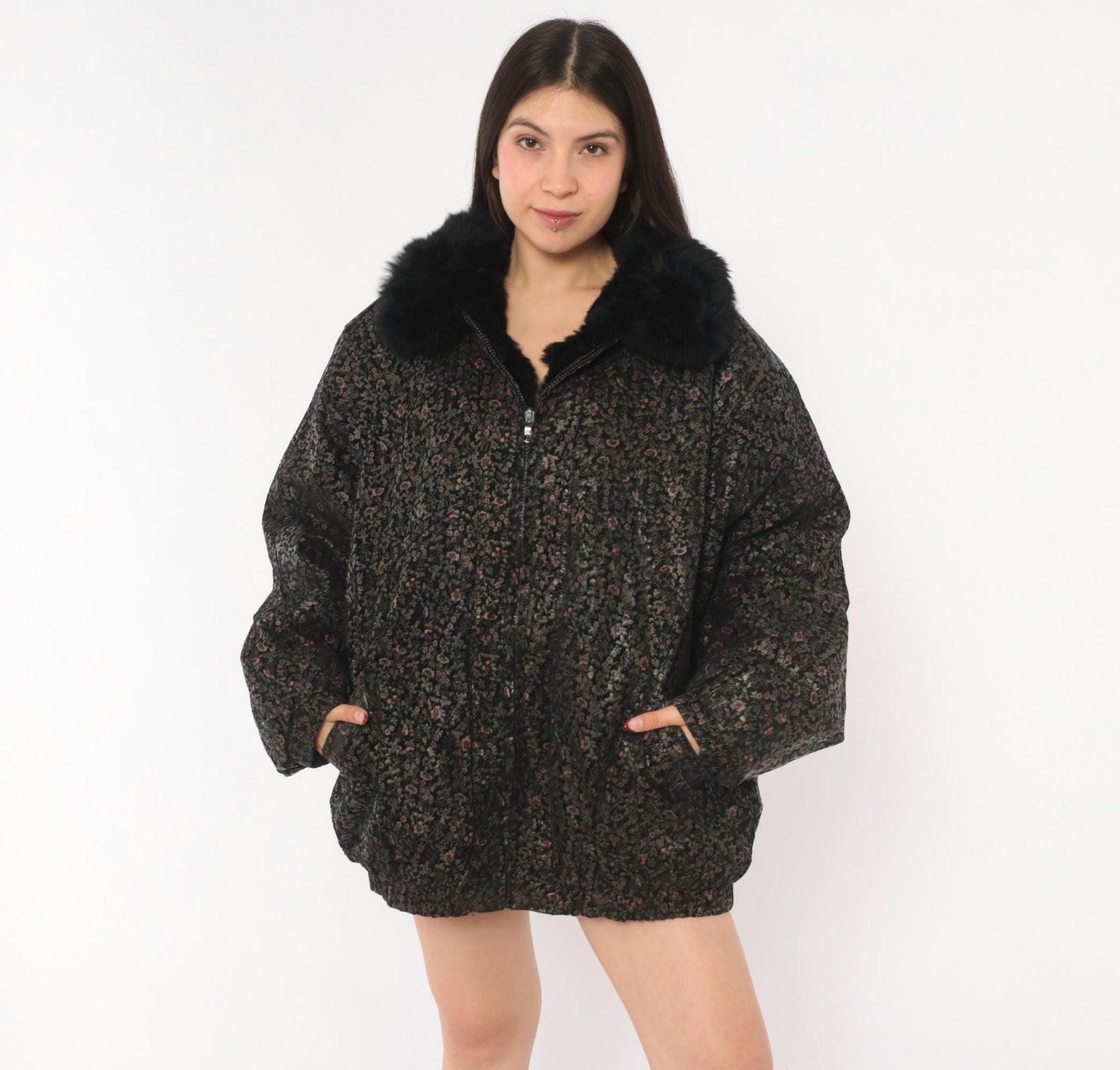 90s Black Floral Suede Bomber Jacket Faux Fur Collar Pink Extra Large
