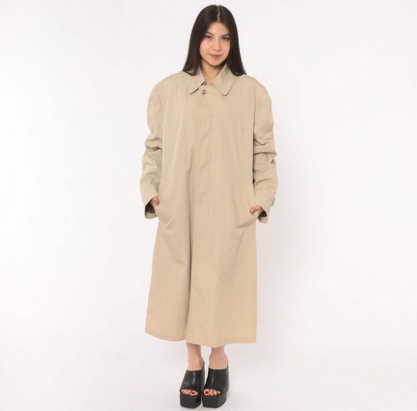 80s London Fog Trench Coat Beige Long Spread Collar Single Button Large