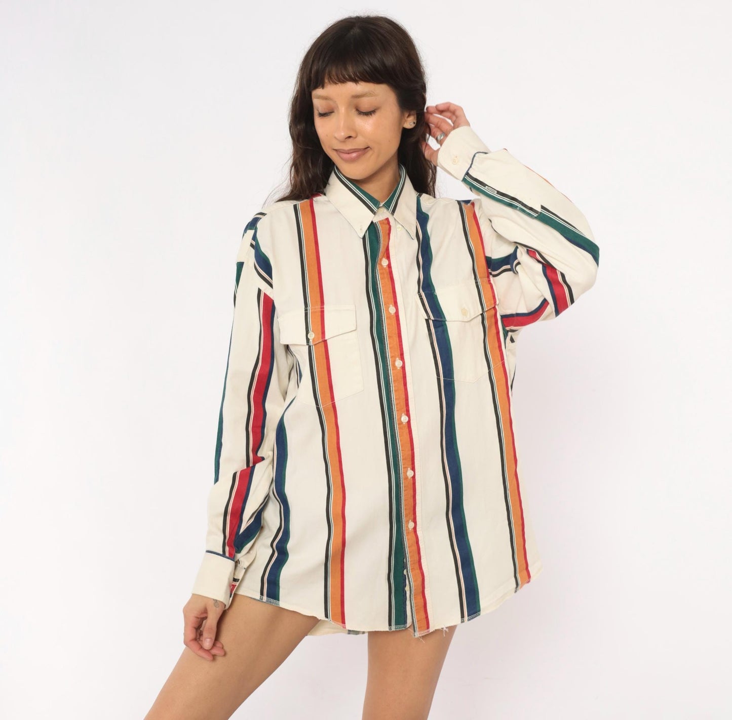 90s Wrangler Striped Button-Up Shirt Cream Navy Orange Vertical Stripe Western Extra Large XL
