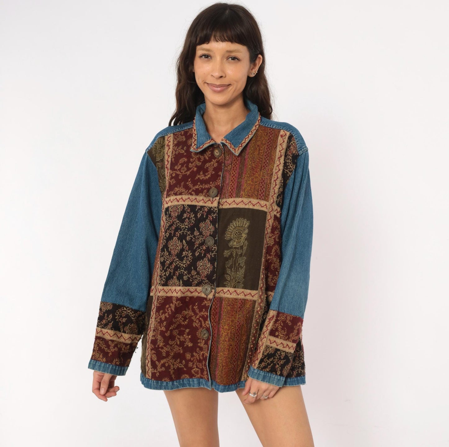 Y2K Units Woman Patchwork Denim Jacket Floral Tapestry Burgundy Extra Large XL