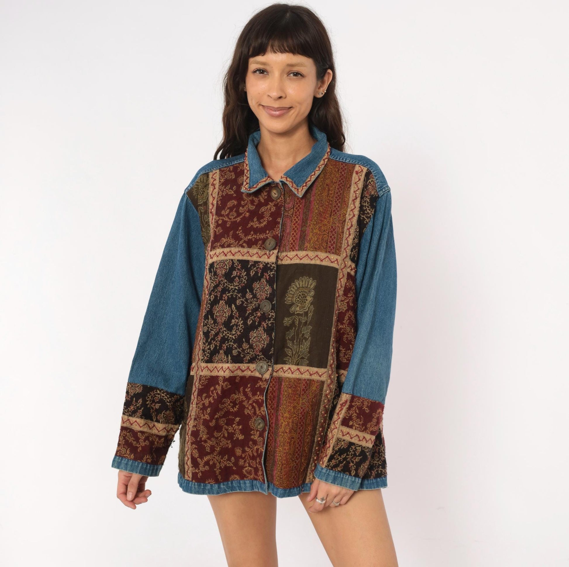 Y2K Units Woman Patchwork Denim Jacket Floral Tapestry Burgundy Extra Large XL
