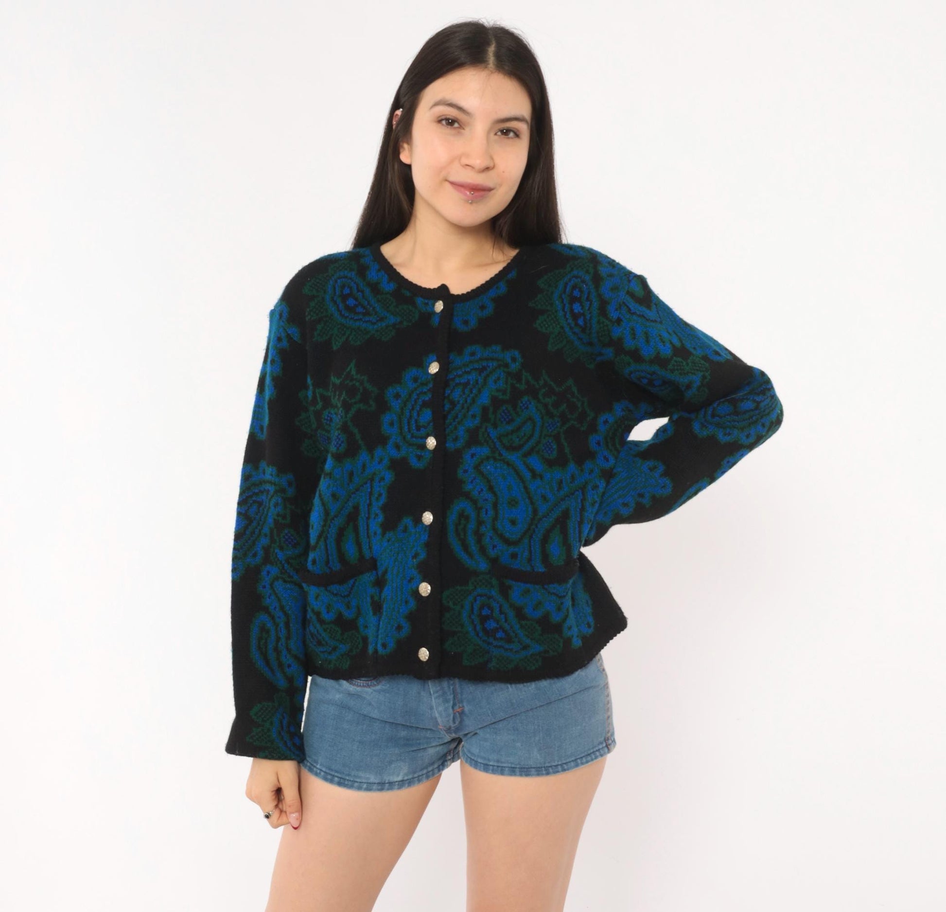 70s Tally-Ho Paisley Jacquard Cardigan Blue Green Black Button Front Large