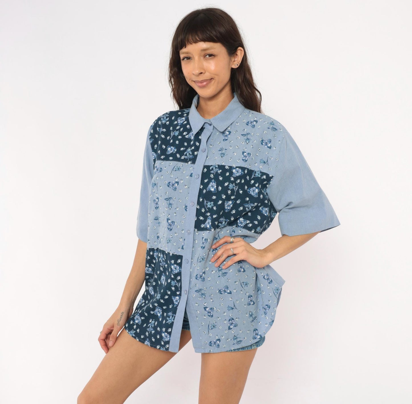 90s Tapestry Patchwork Floral Button-Up Shirt Blue Navy Cotton Blend Extra Large