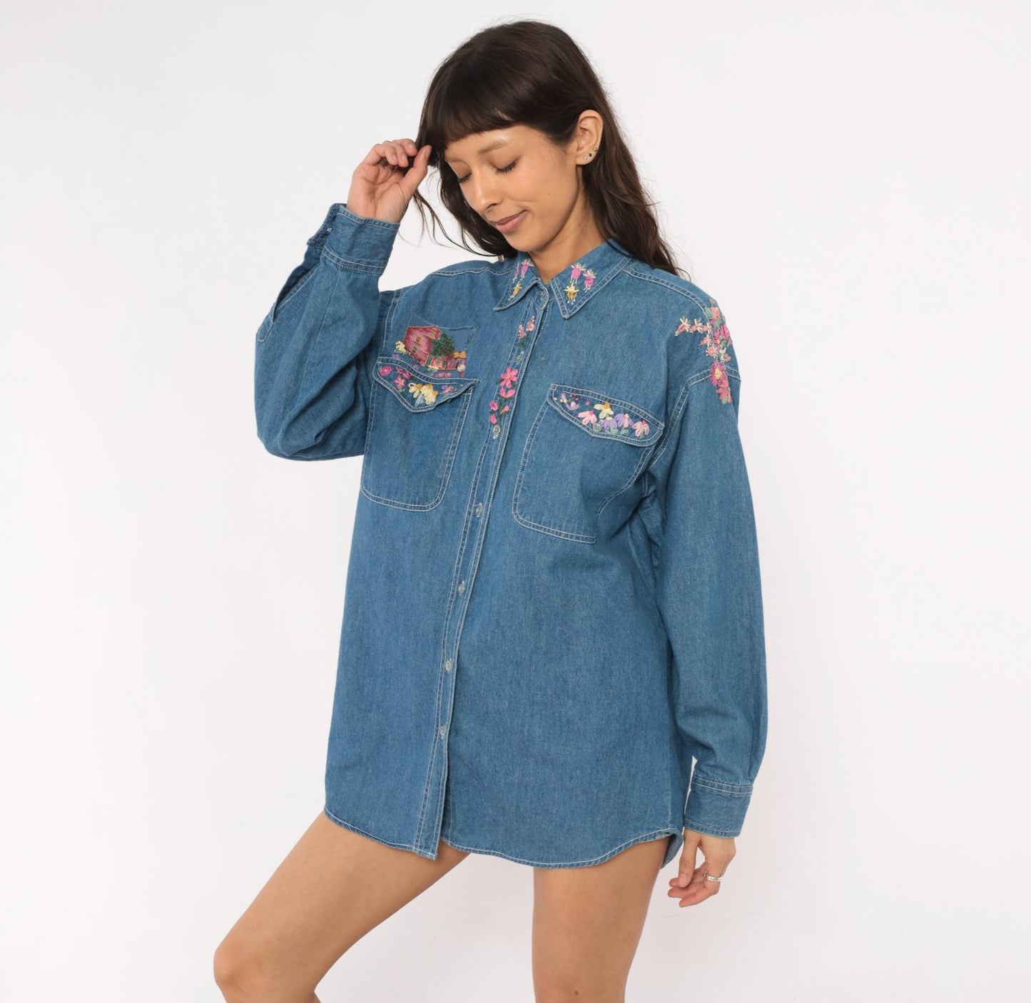 90s Short Circuit Blues Denim Shirt Hand-Painted Floral Garden Multicolor Large L
