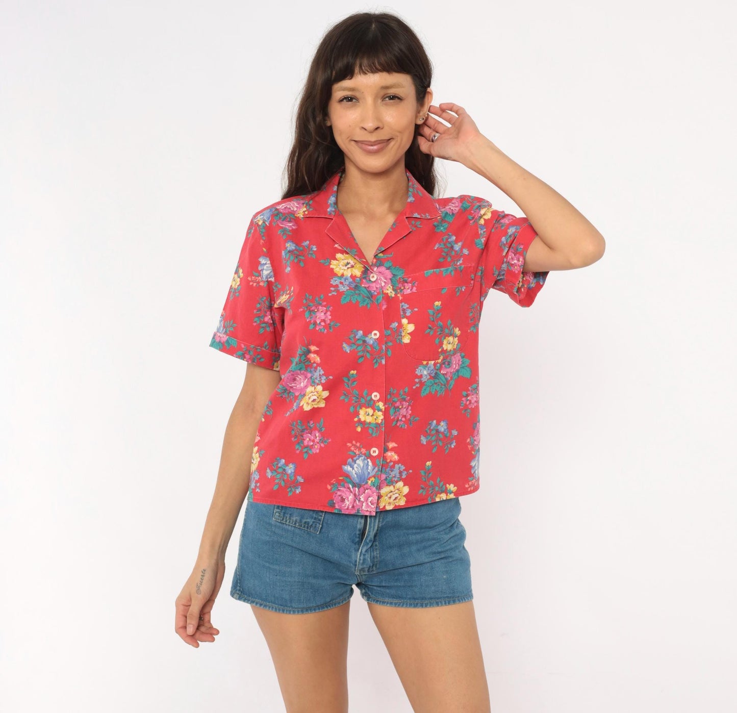 90s Bentley Arbuckle Floral Button-Up Camp Shirt Red Cotton Small