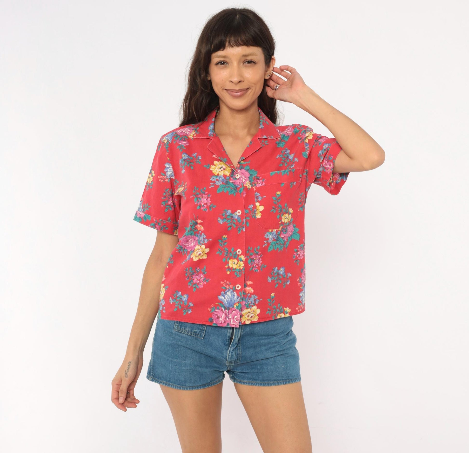 90s Bentley Arbuckle Floral Button-Up Camp Shirt Red Cotton Small