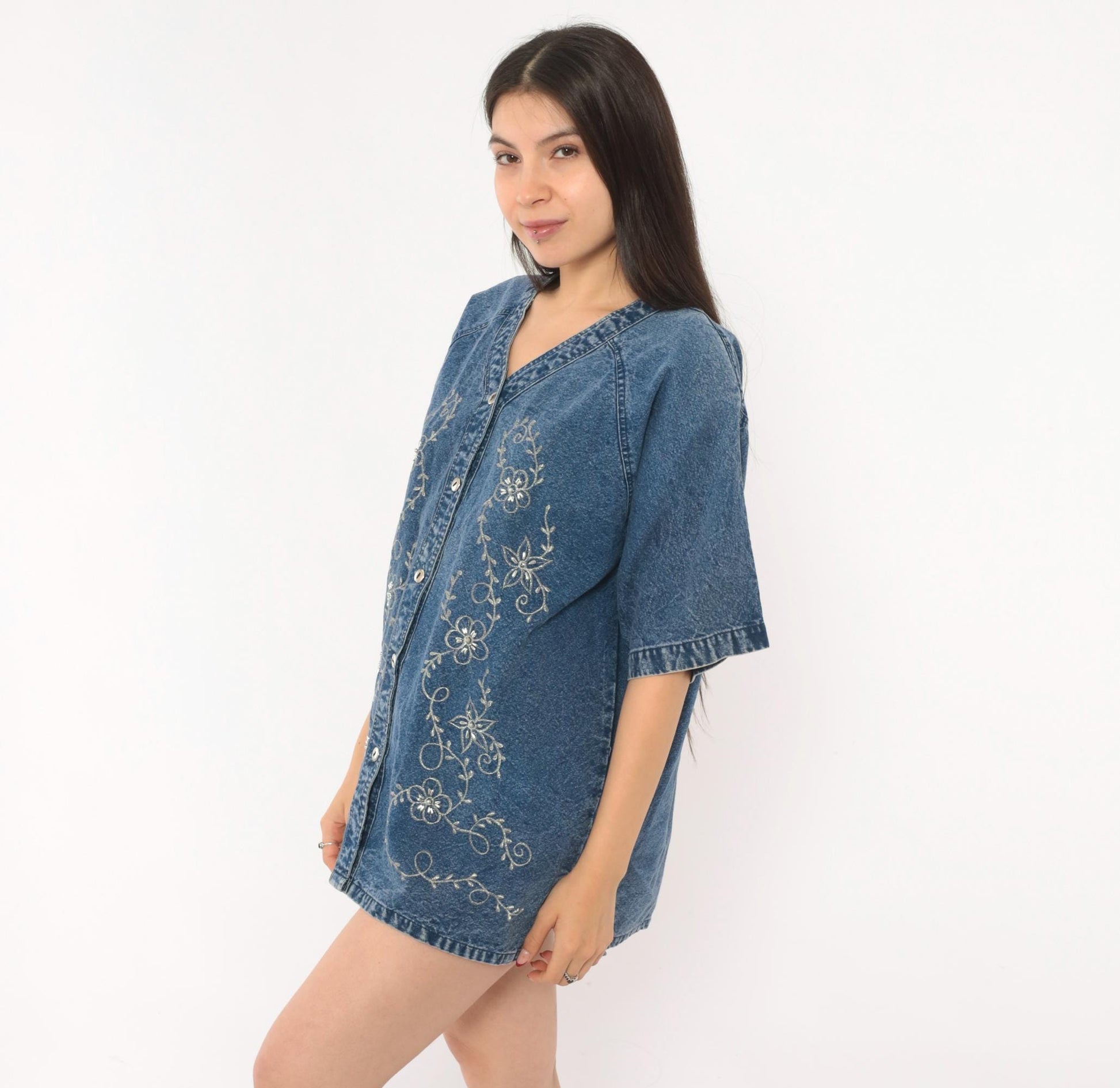 90s Premier International Denim Blouse Floral Vine Embroidery Blue Cotton Medium