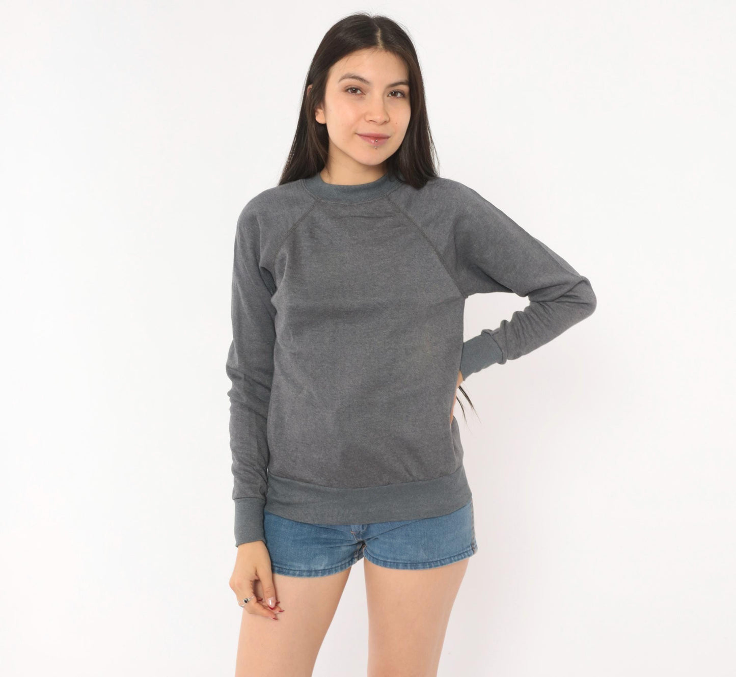 80s Charcoal Grey Raglan Sweatshirt Crewneck Cotton Pullover Small S