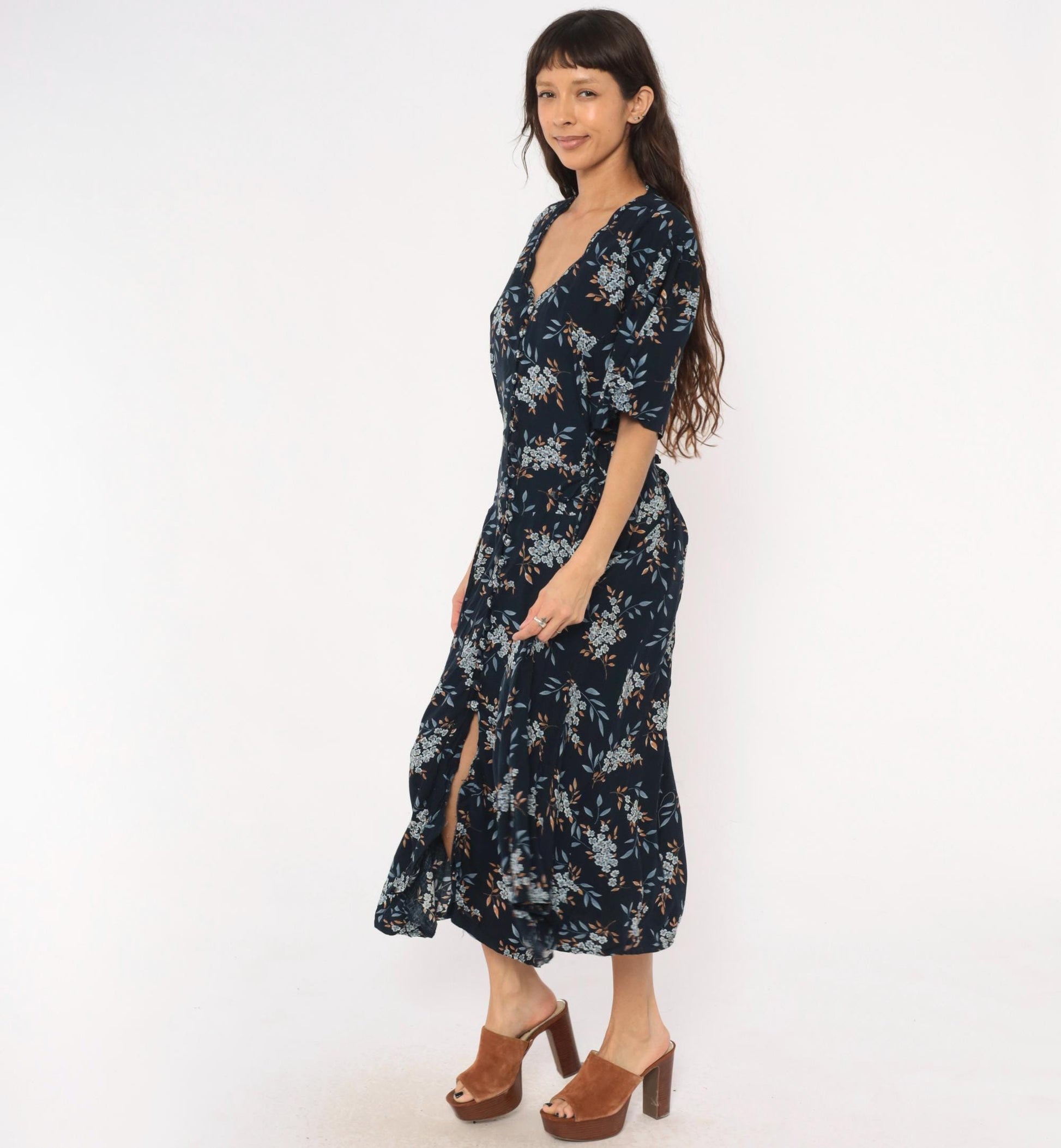 90s Jamie Brooke Floral Midi Dress Navy Blue Tie Waist Plus Size 20W