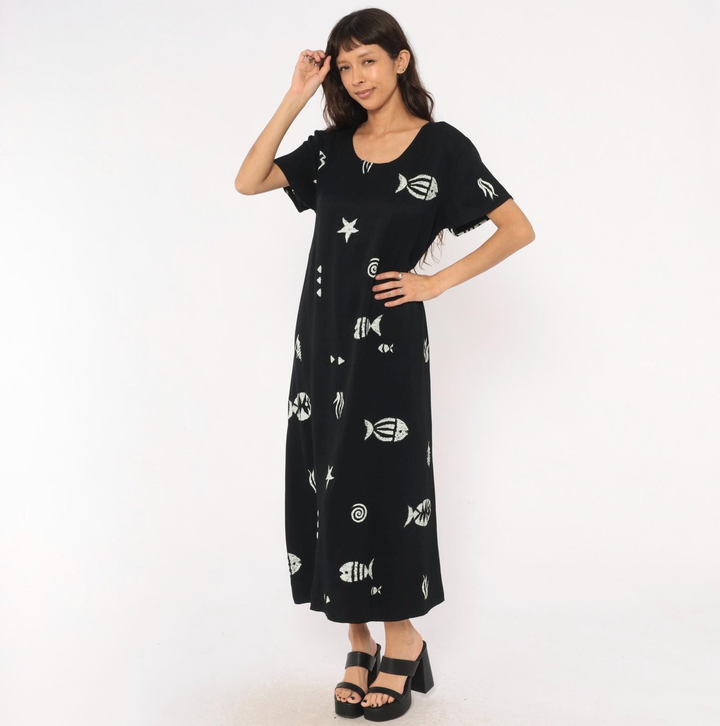 90s Connie Choi Fish Print Maxi Dress Black White Sea Life Large L
