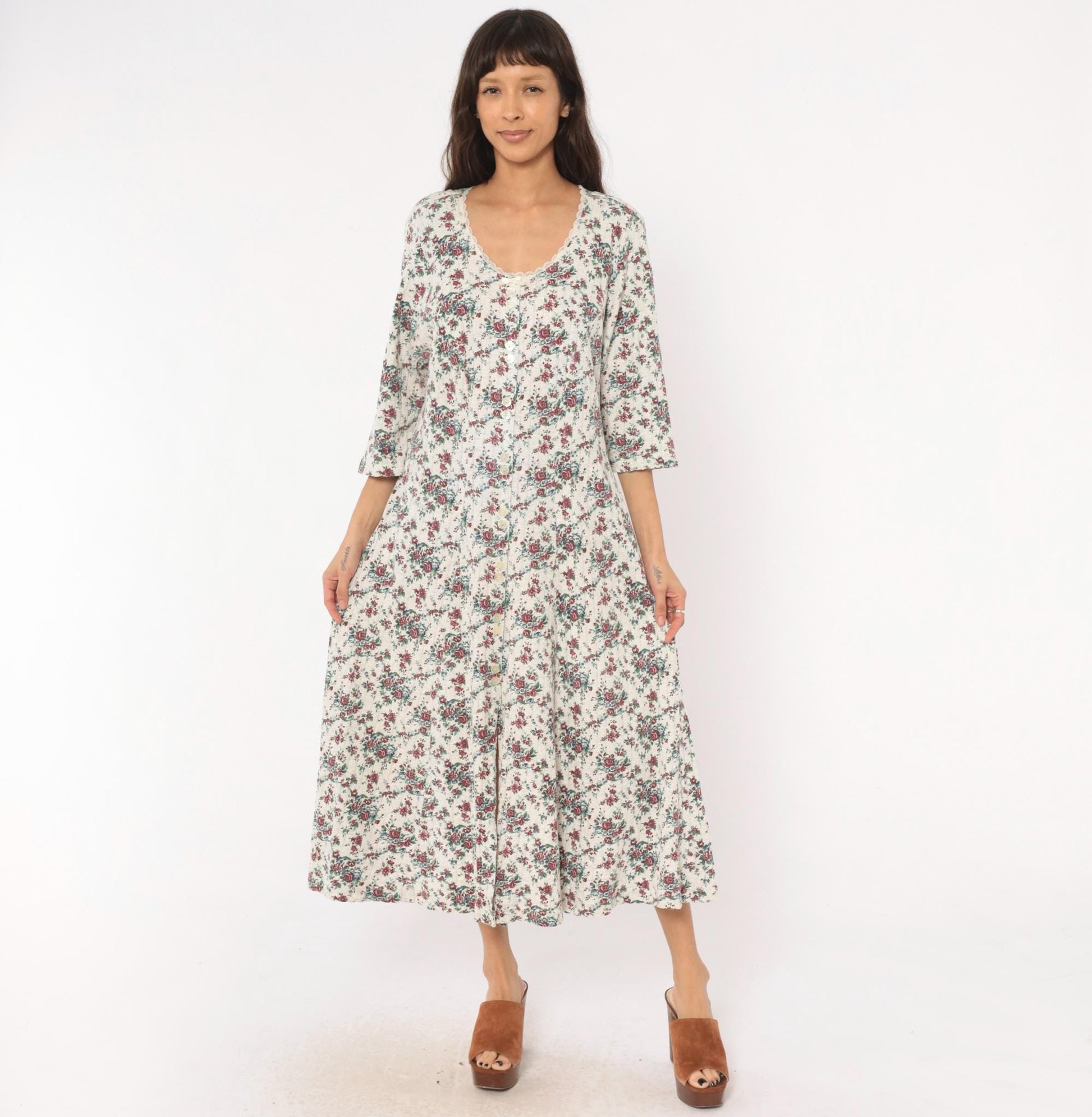 90s More En Focus Floral Midi Dress Bell Sleeve White Burgundy Large L