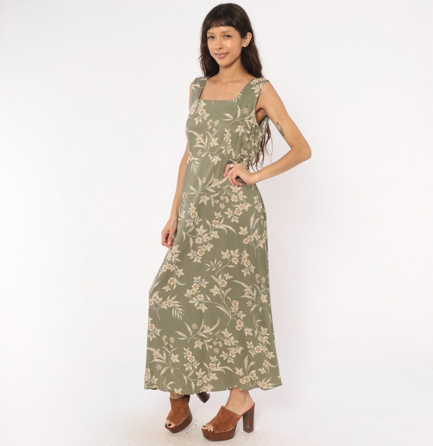 90s Kathie Lee Olive Floral Maxi Dress Cream Botanical Fitted Waist Large L