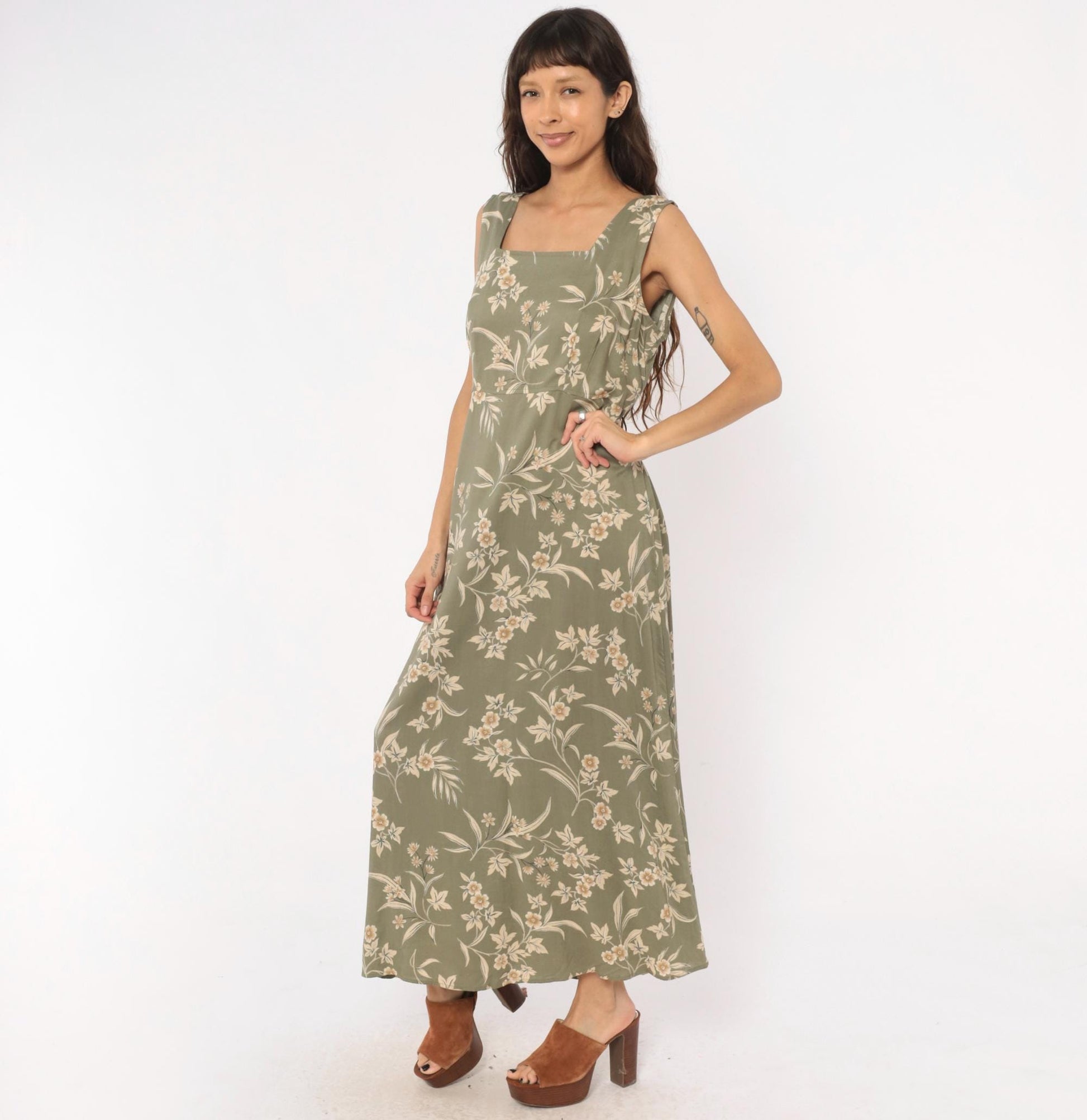 90s Kathie Lee Olive Floral Maxi Dress Cream Botanical Fitted Waist Large L