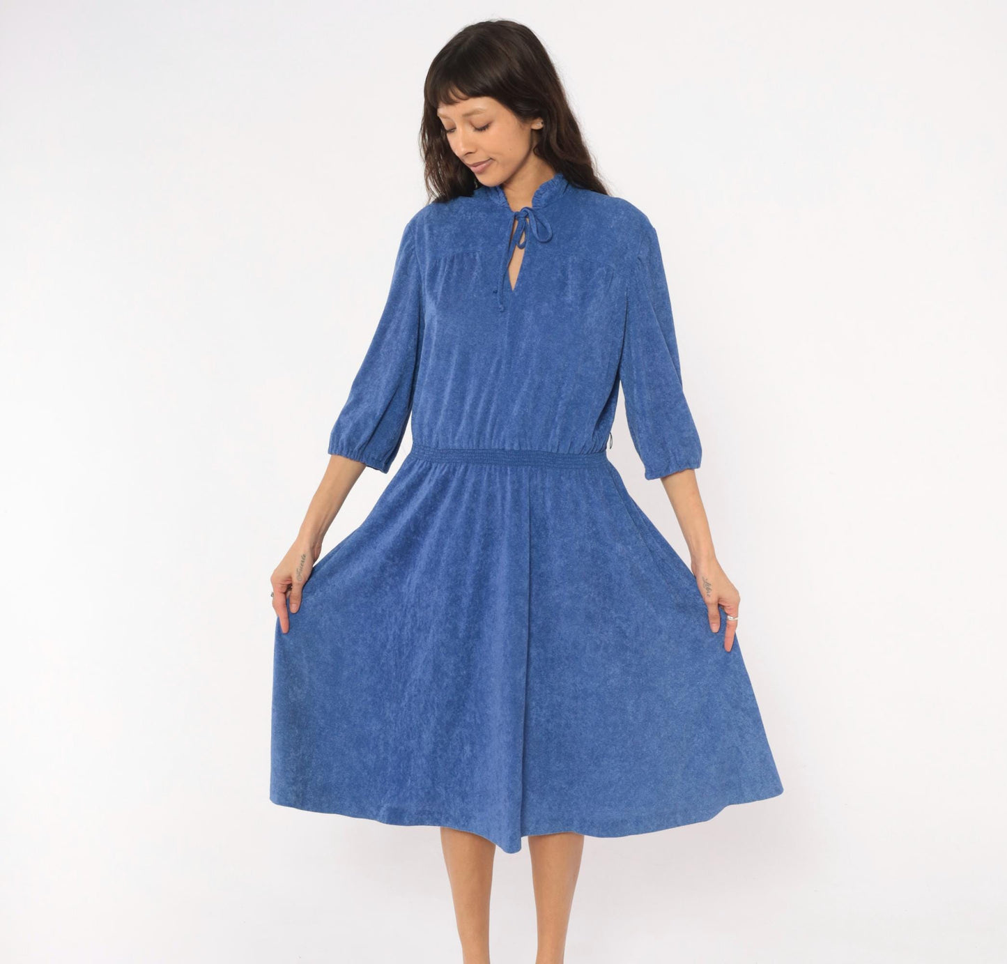 1970s Cobalt Terry Cloth Dress Tie Neck Puff Sleeve Flared Midi Large L