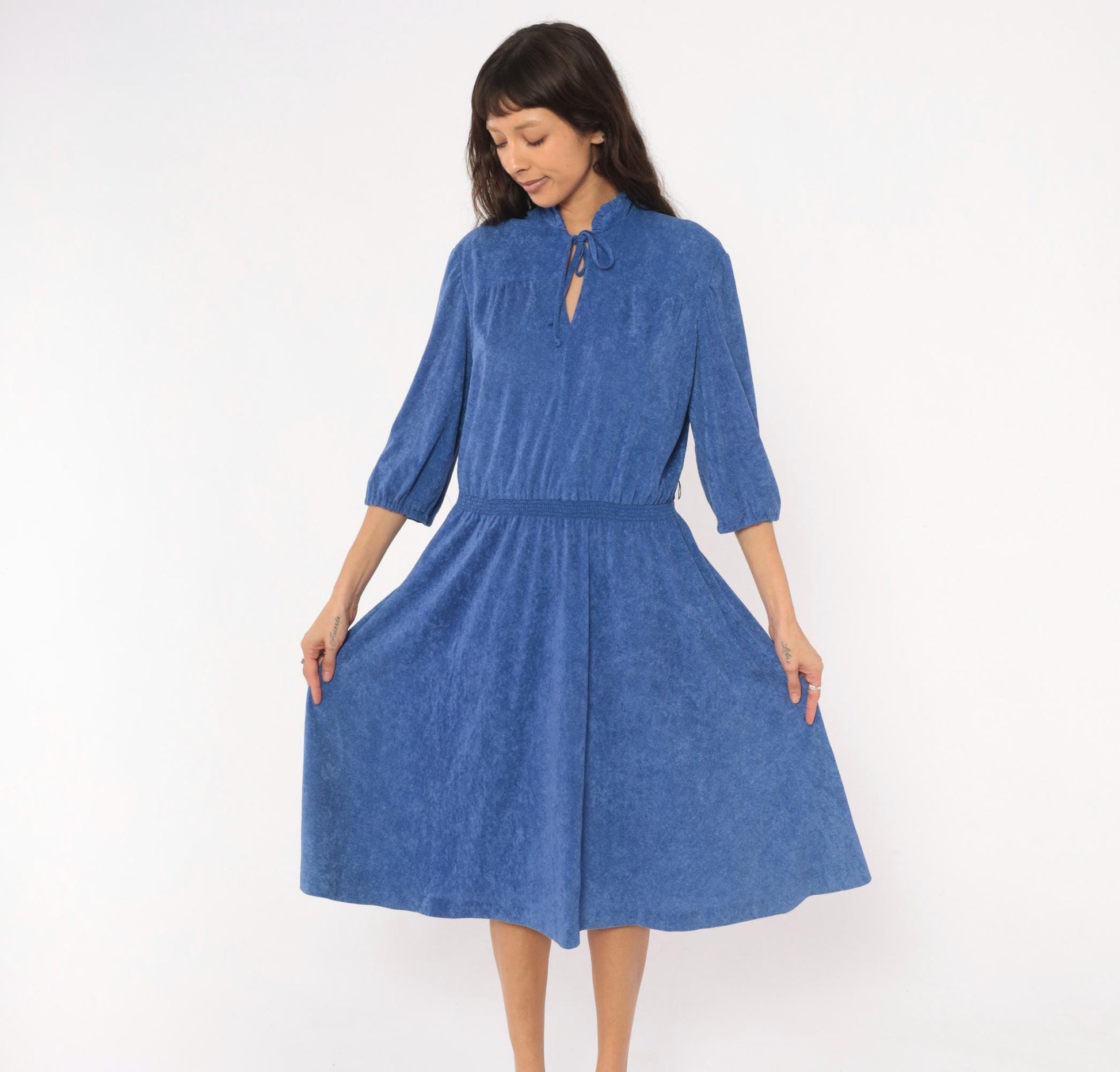1970s Cobalt Terry Cloth Dress Tie Neck Puff Sleeve Flared Midi Large L