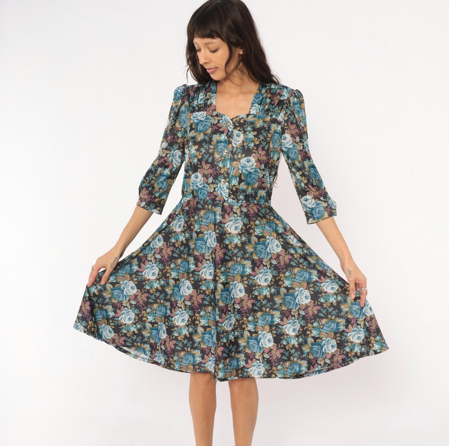 80s Rose Floral Button-Front Dress Blue Sweetheart Puff Sleeve Midi Large L