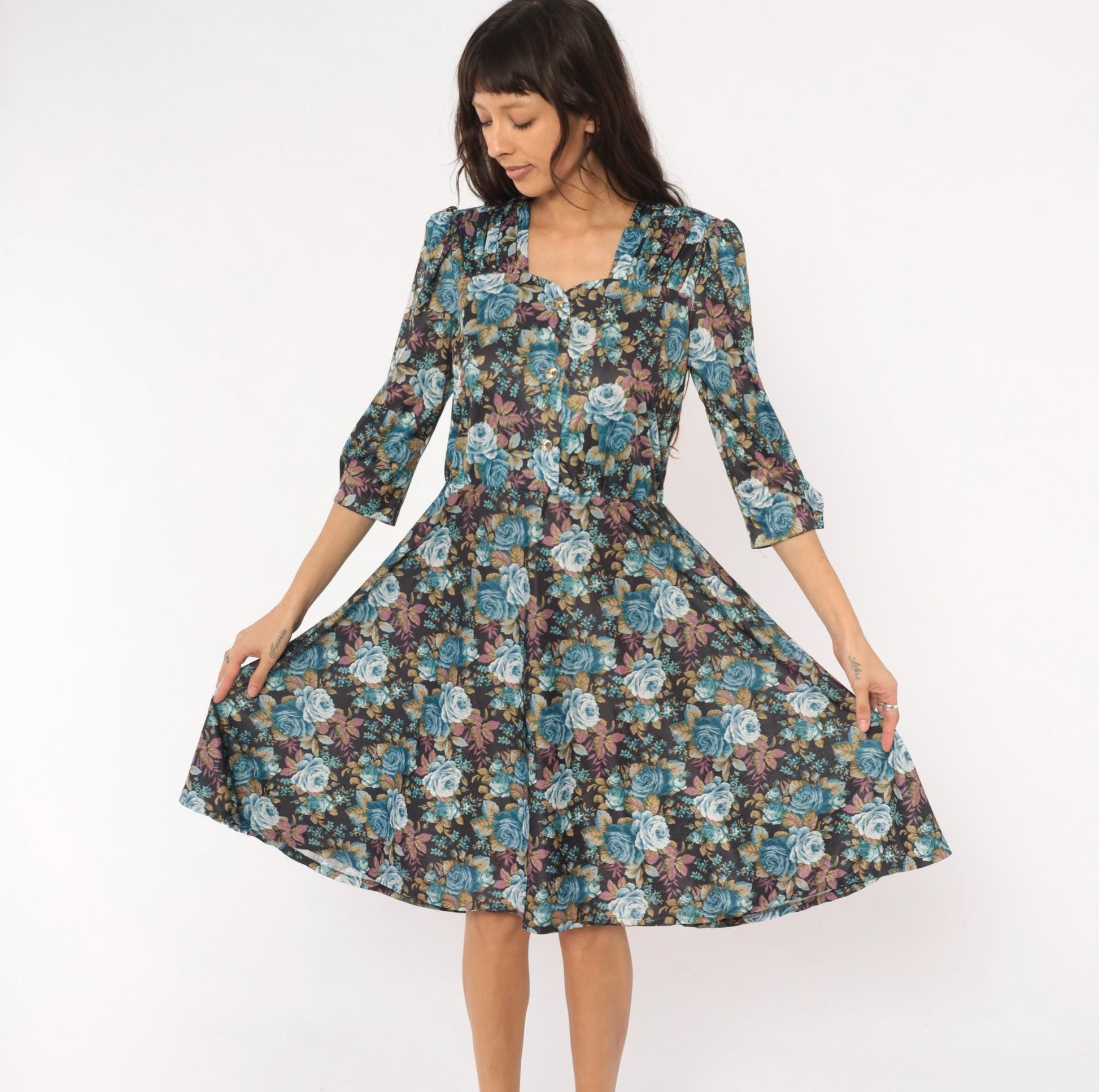 80s Rose Floral Button-Front Dress Blue Sweetheart Puff Sleeve Midi Large L