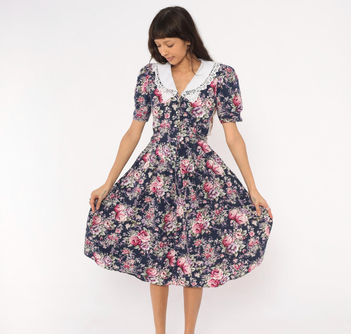 90s Especially Yours Navy Floral Midi Dress Lace Collar Puff Sleeve Medium M