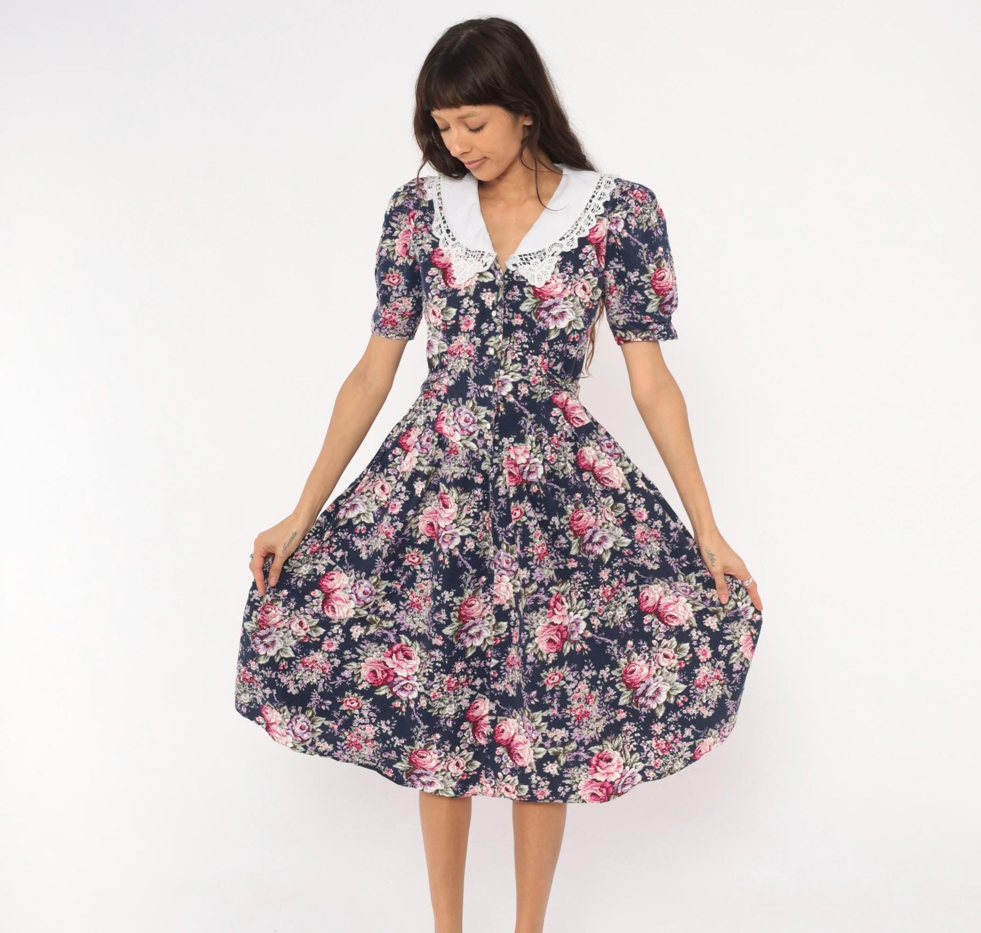 90s Especially Yours Navy Floral Midi Dress Lace Collar Puff Sleeve Medium M