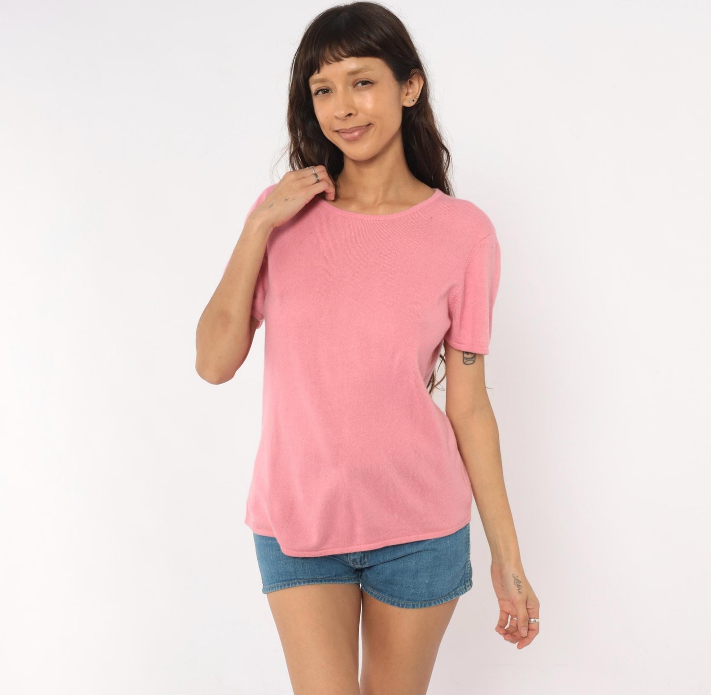 Y2K Rose Silk Cashmere Knit Tee Pink Scoop Neck Short Sleeve Large L