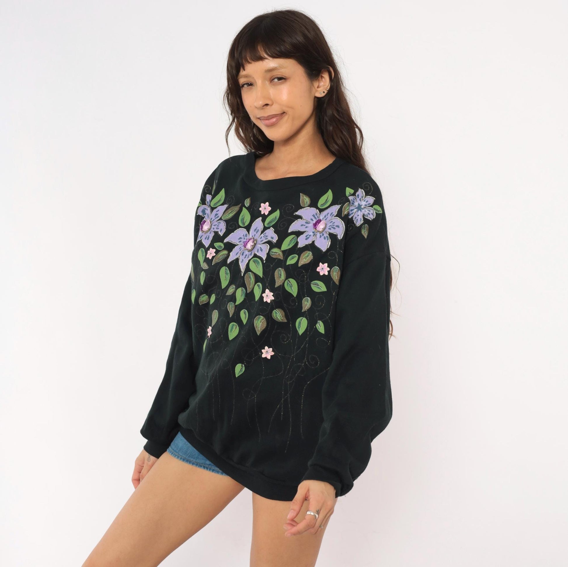 90s Cristin Stevens Floral Sweatshirt Black Purple Lily Jeweled Crewneck Large L