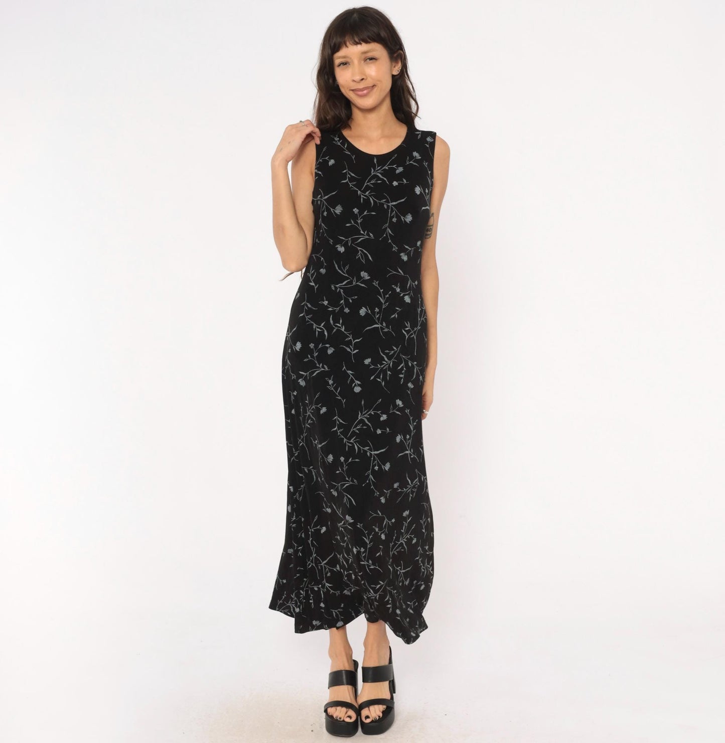 90s Ronni Nicole Black Floral Maxi Dress Grey Vine Print Sleeveless Large L