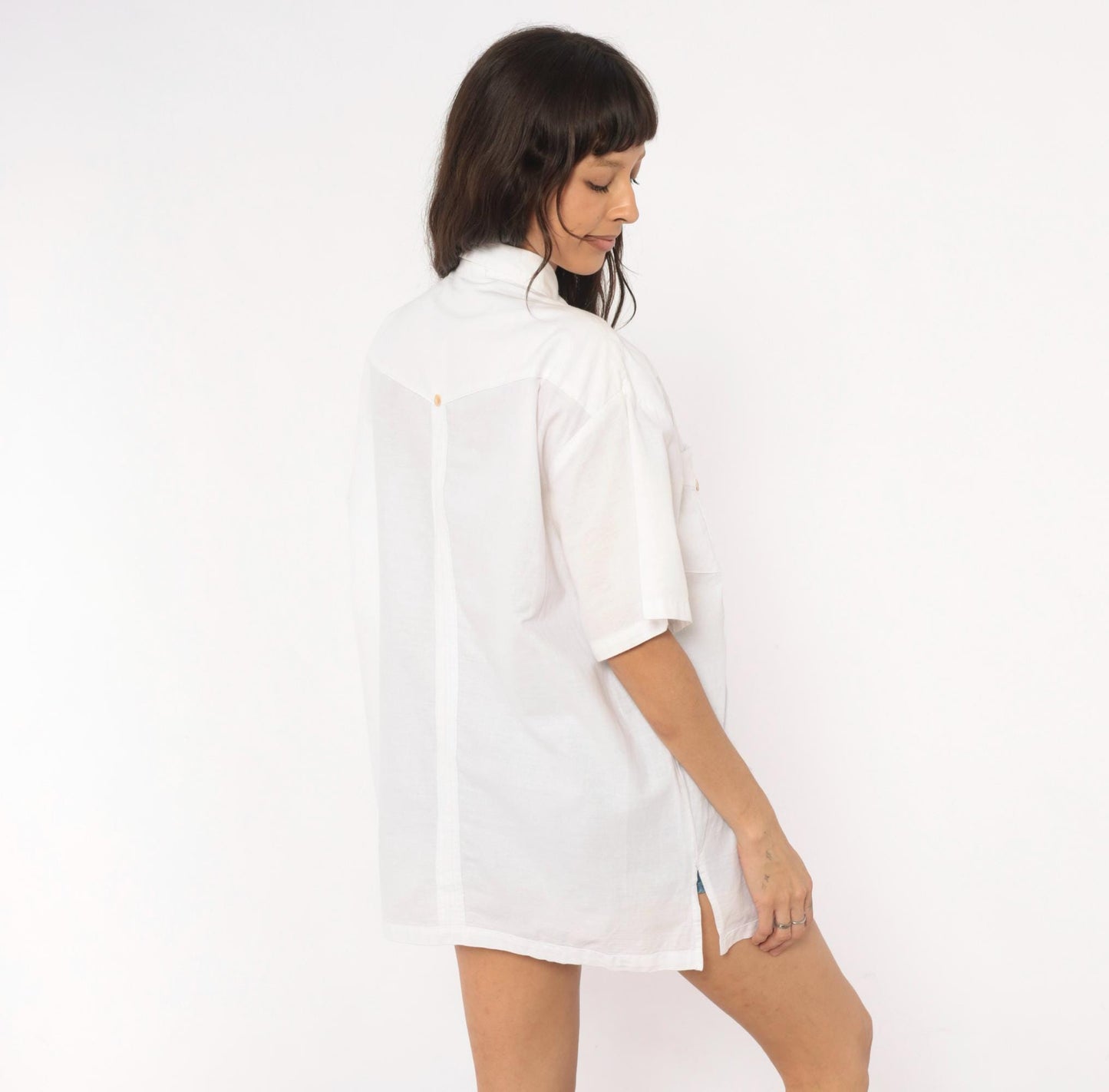 90s White Cotton Button-Up Shirt Four Pocket Short Sleeve Pointed Collar Extra Large XL