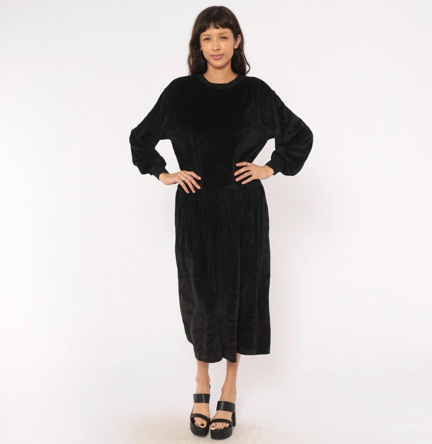 90s Lizsport Black Velvet Midi Dress Drop Waist Pockets Large L