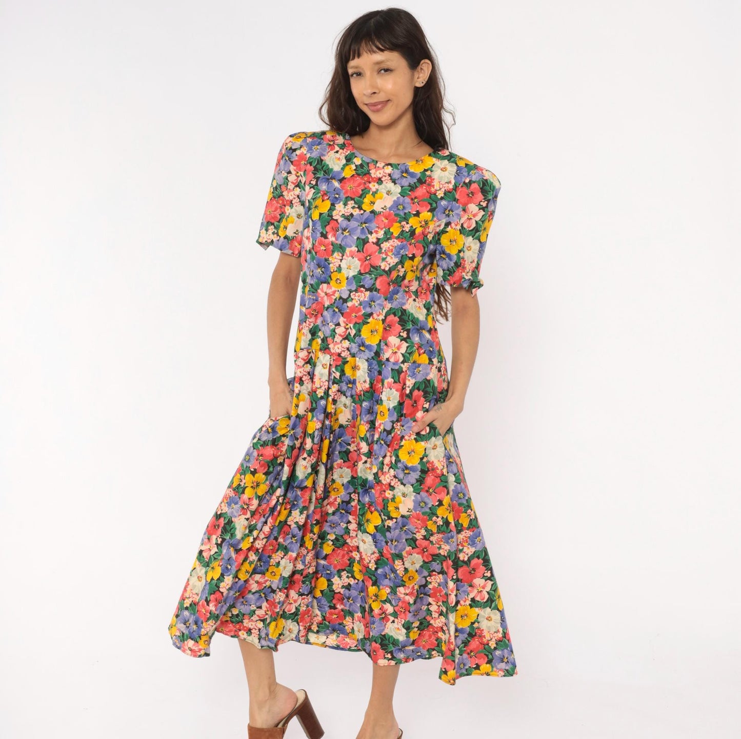 90s Kwai Floral Midi Dress Cutout Back Puff Sleeve Cotton Medium M
