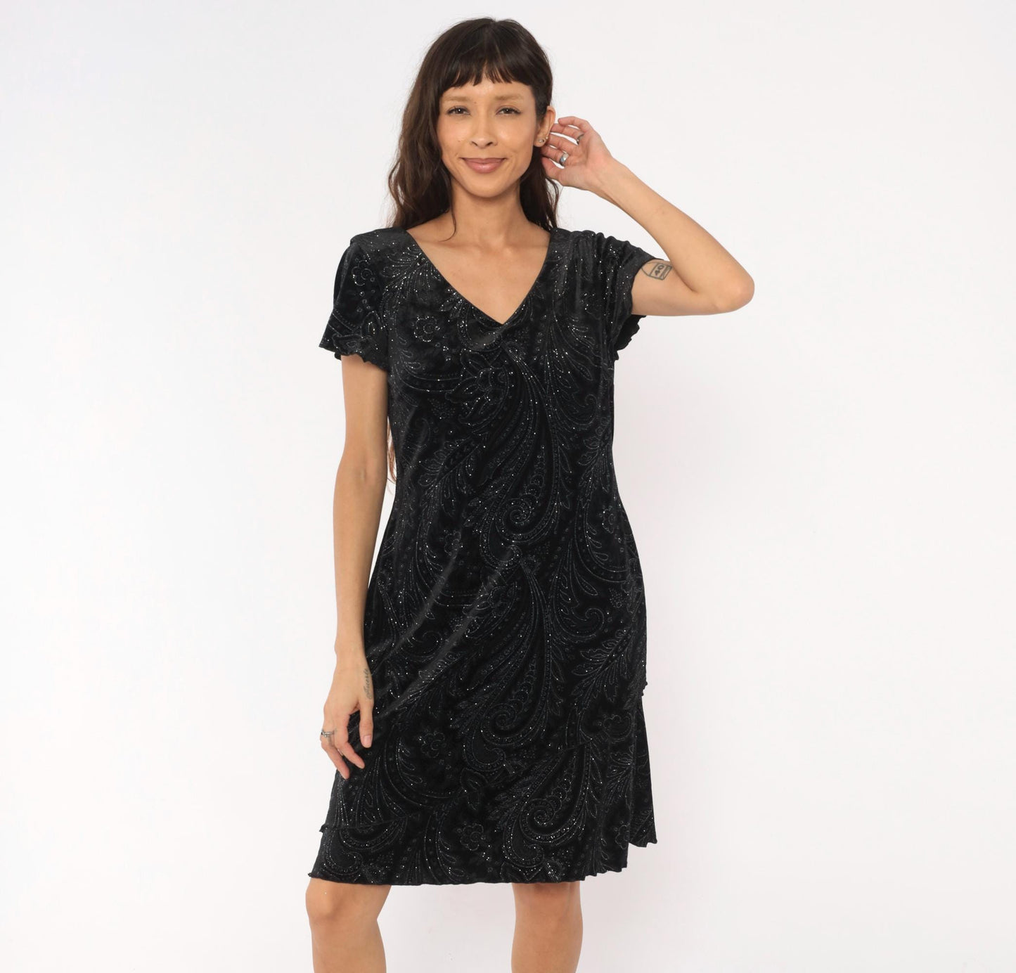 90s S.L. Fashions Black Velvet Paisley Glitter Dress Flutter Sleeve Medium Petite