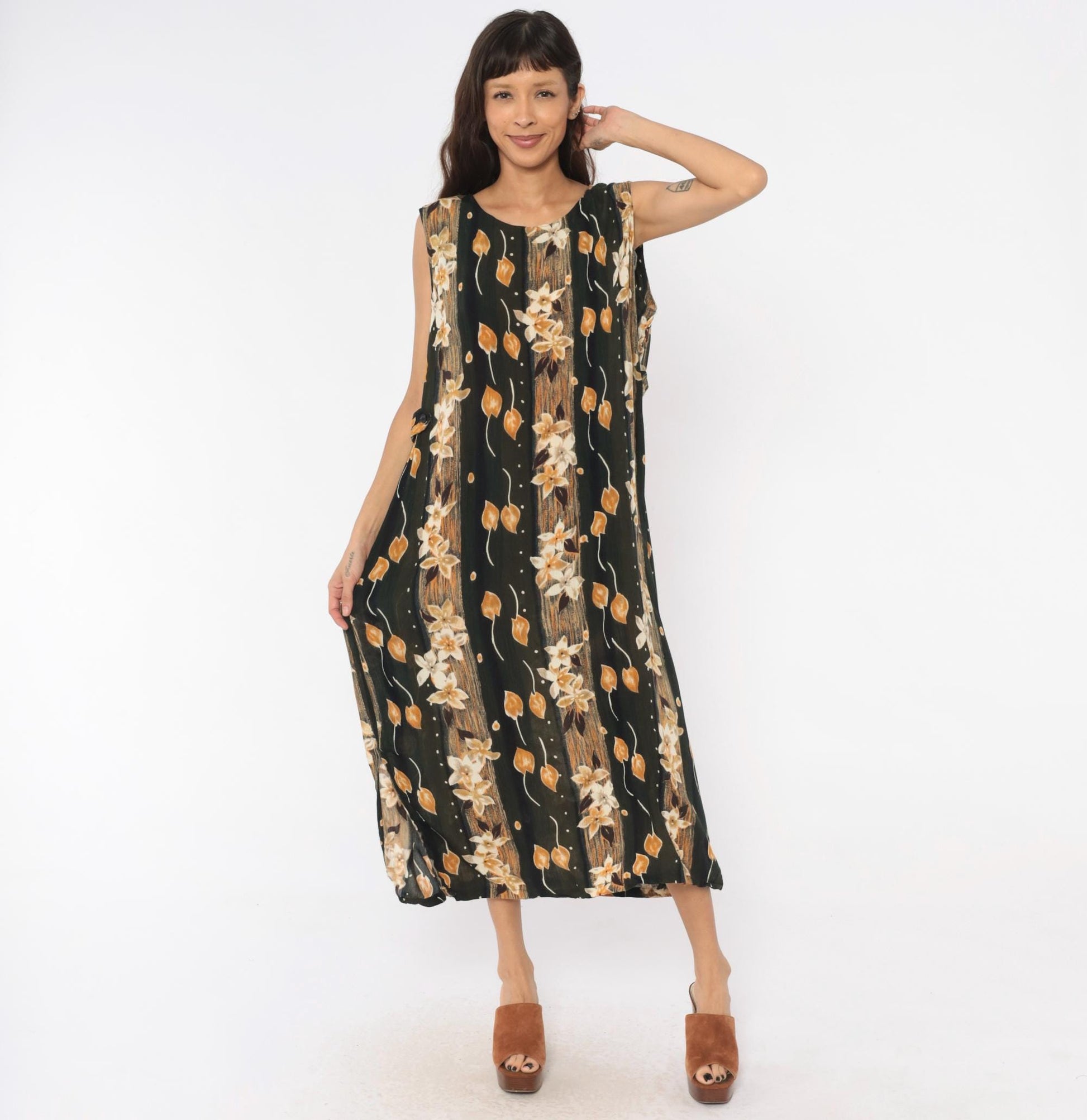 90s Sag Harbor Floral Maxi Dress Olive Green Cream Leaves Large L
