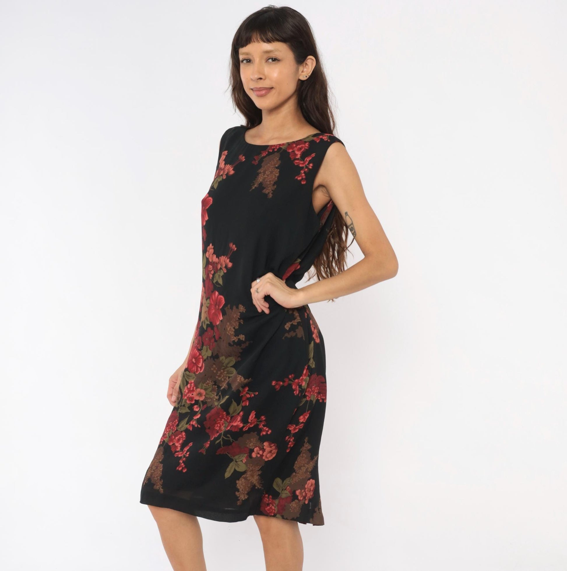 90s David Warren Floral Shift Dress Black Red Roses Knee-Length Large L