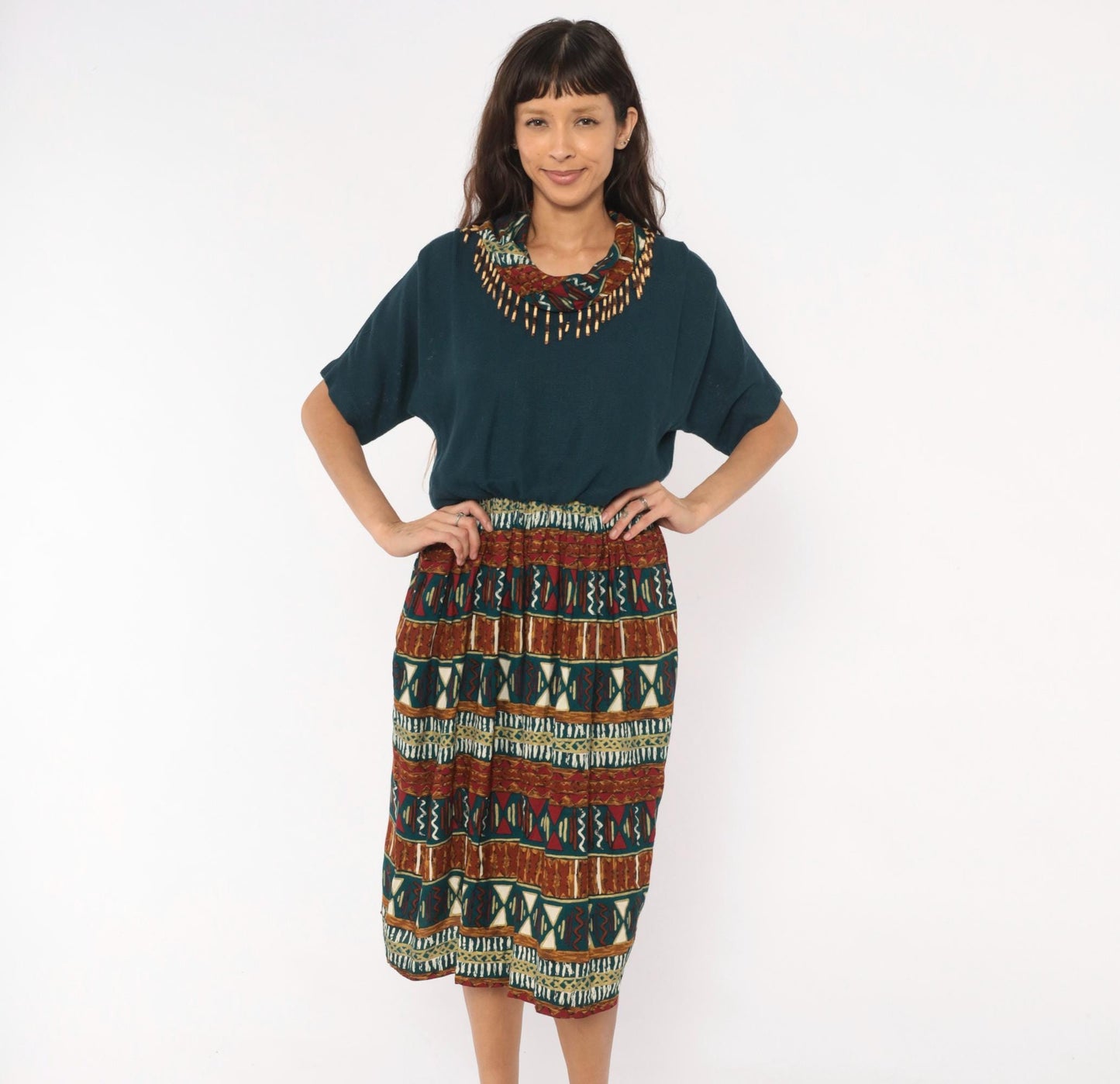 90s Stuart Alan Petites Tribal Print Dress Teal Burgundy Midi V Neck Medium