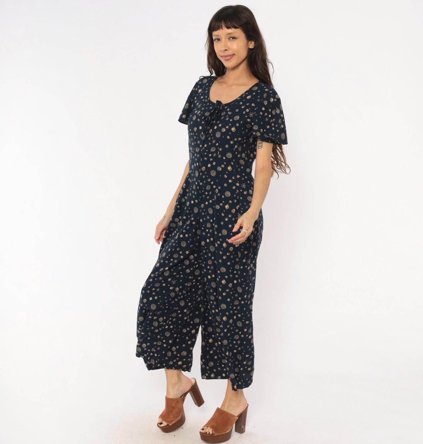 90s Darian Petites Celestial Jumpsuit Navy Tan Star Print Wide Leg Medium M