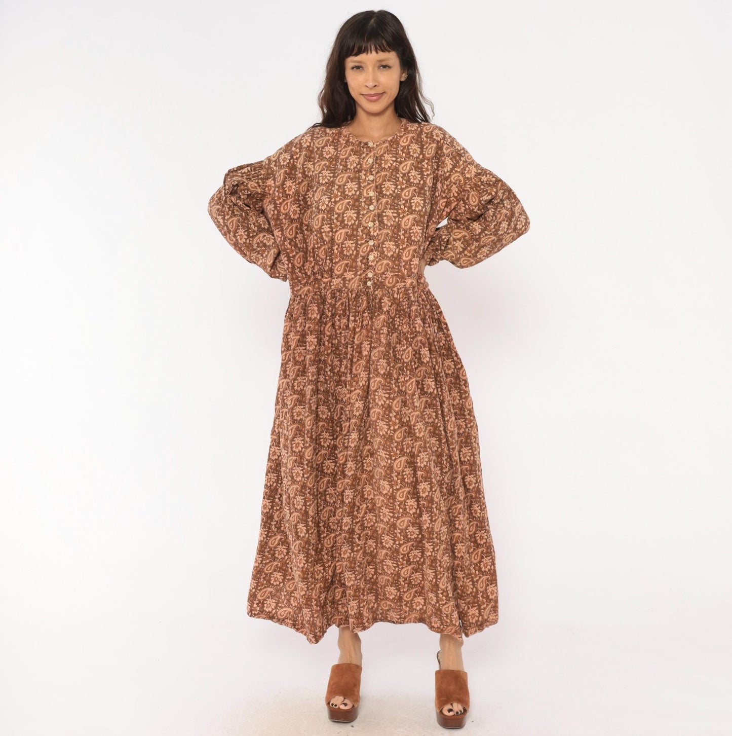 90s Brown Paisley Floral Maxi Dress Cotton Button Front Balloon Sleeve Large