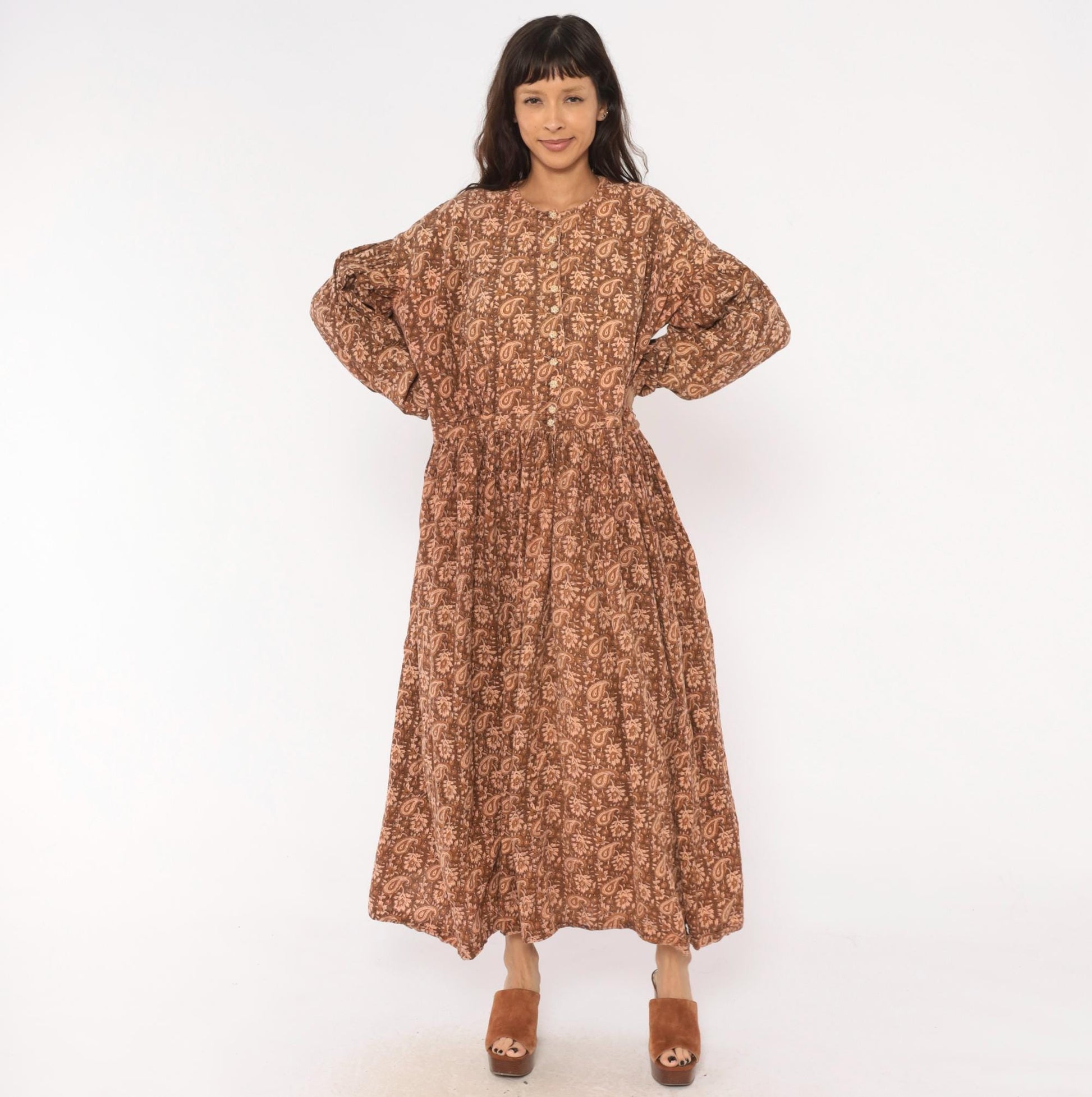 90s Brown Paisley Floral Maxi Dress Cotton Button Front Balloon Sleeve Large