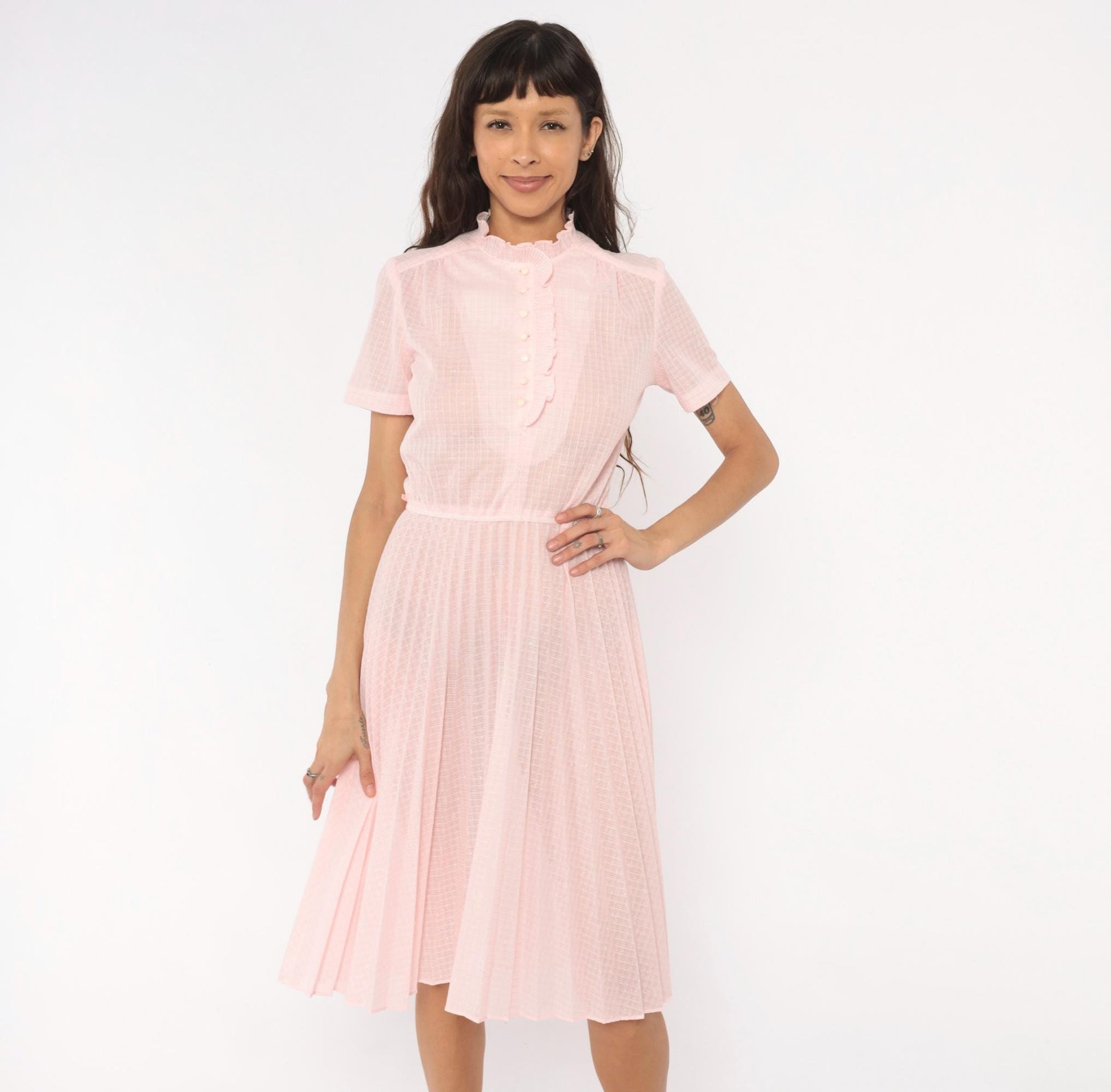 70s Blush Pink Shirtdress Pleated Midi Ruffled Collar Puff Sleeve Small S