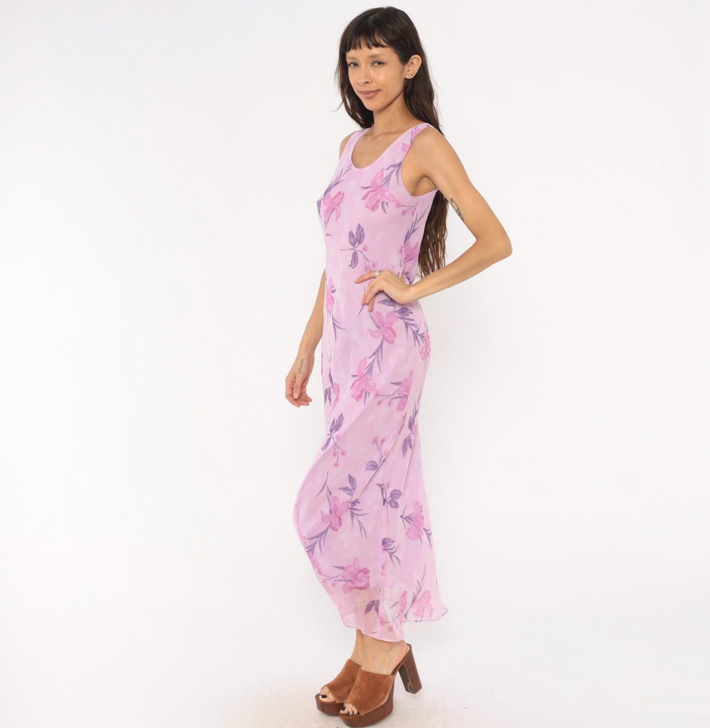 90s Sharon Max Lilac Floral Chiffon Maxi Dress Sleeveless Scoop Neck Small S