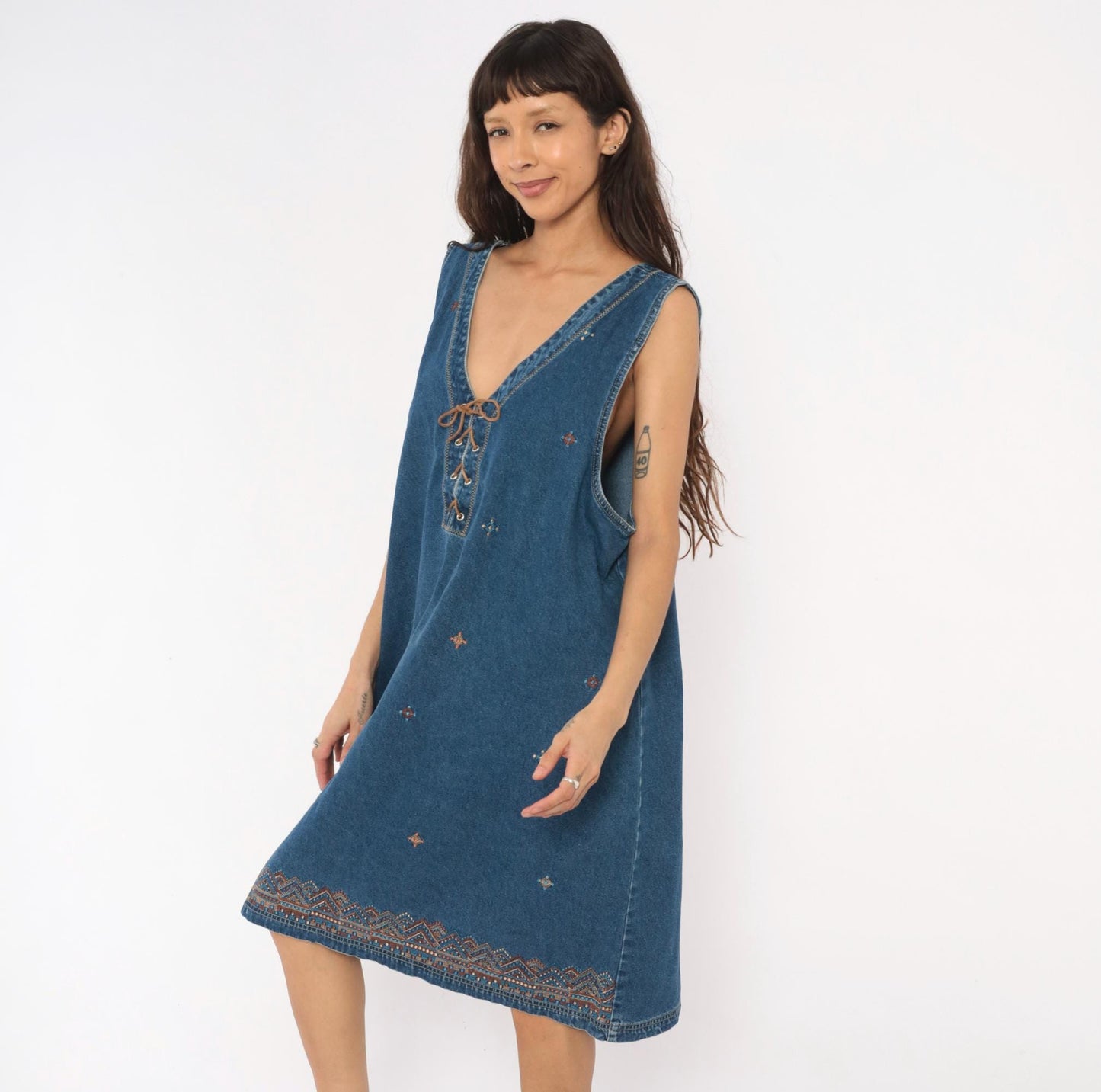 90s J.L. NY Southwestern Denim Dress Embroidered Lace-Up Navy Plus Size XXL